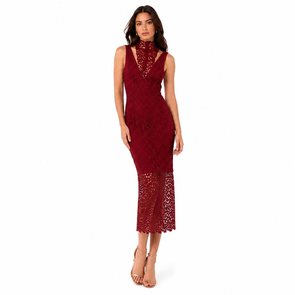 Keepsake Cranberry High Neck Sleeveless Cutout Lace Cocktail Dress Size S $289